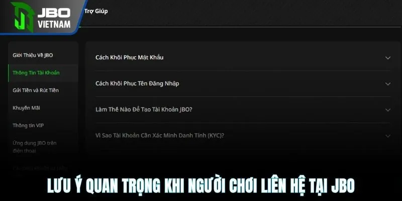 Lưu ý quan trọng khi người chơi liên hệ tại JBO